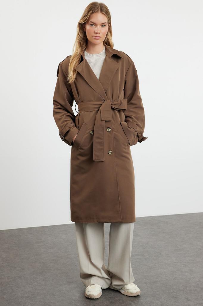 Women's Fashion Mink Belted Windbreaker Detailed Water Repellent Long Trench Coat
