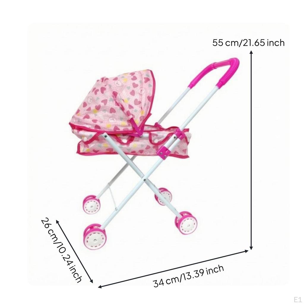 Foldable Doll Carriage Textile Seat Pretend Play Pushchair Lightweight for Children S Wheel Heart