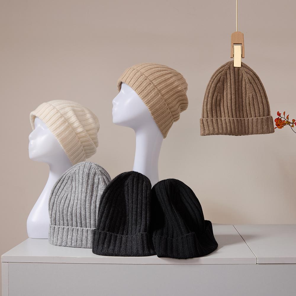 Custom Logo Design Cashmere Winter Beanie Hat Women Knit Thermal Classic 2x2 Rib Knit Pure Cashmere Beanie Cap