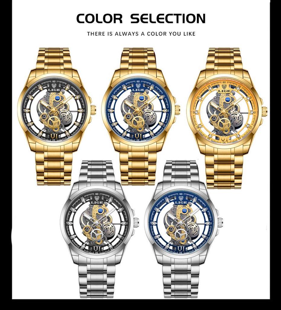 LIGE Men's Skeleton Quartz Watch: Transparent, New Concept, Business, Waterproof.