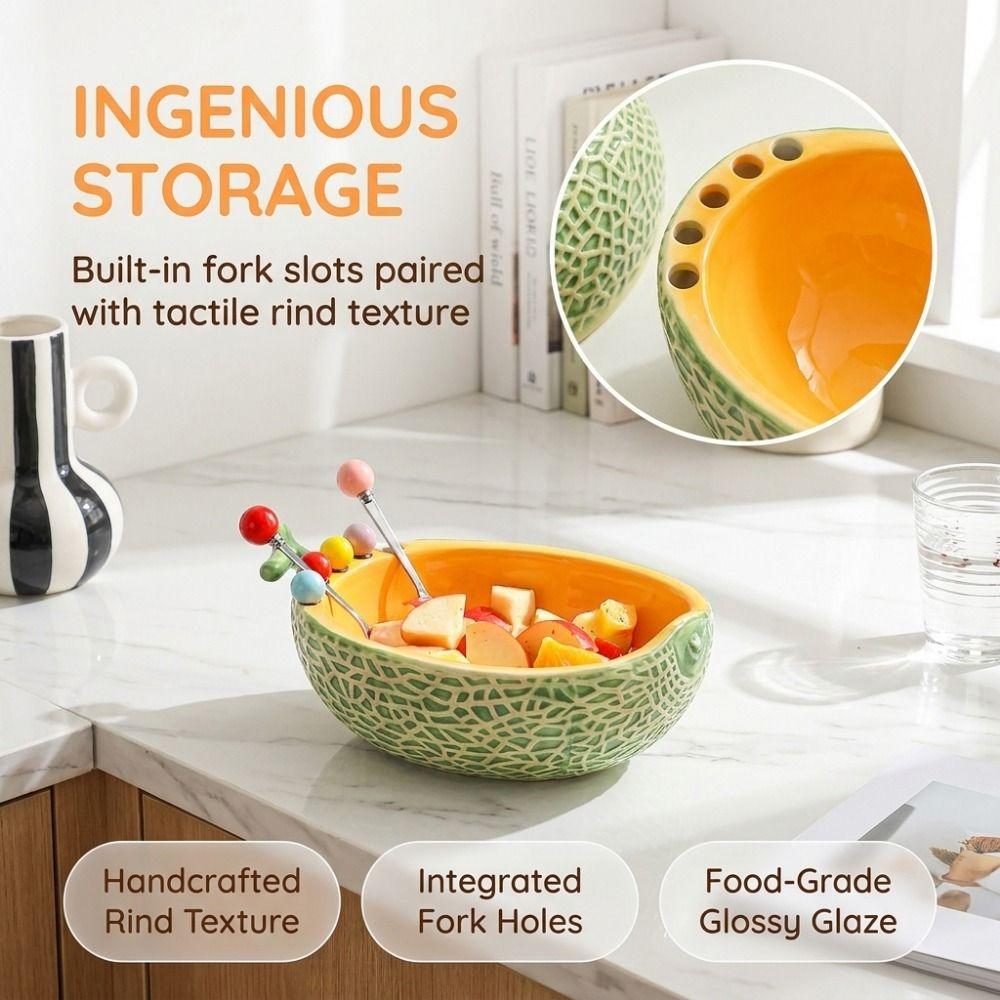Hami Melon Shape Fruit Serving Plate Ceramics Cute Toothpick with Holder Child Safety