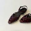 Cowhide version~ French woven hollow pointed open-toed one-word sandals women's new summer thick-heeled Roman shoes