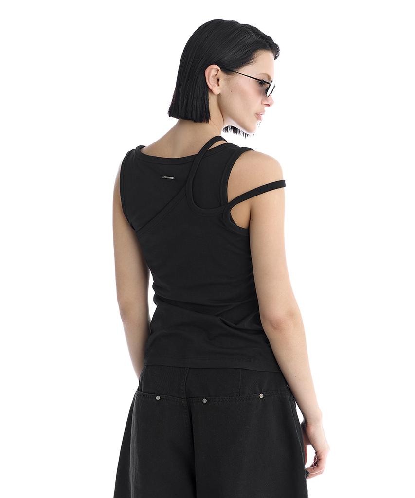 Teulimingbeodeu Double Strap Jersey Sleeveless Top [ Black ]