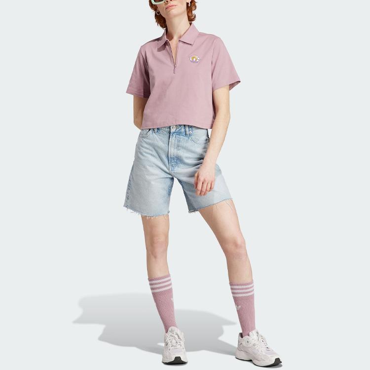 Adidas Originals Cropped Polo Shirt Cartoon Logo Embroidery Detail Sports Short Sleeve Polo Women tops Magical-Purple Pink IN4140