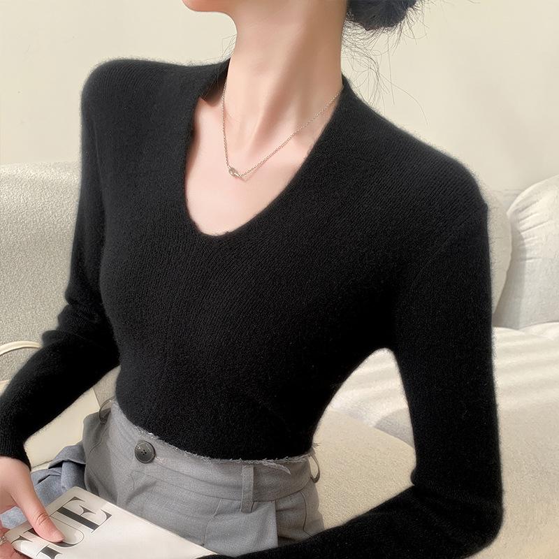 Women's Soft Cashmere V-Neck Base Layer Top, Slim-Fit Wool Knit Sweater for Autumn/Winter 2026