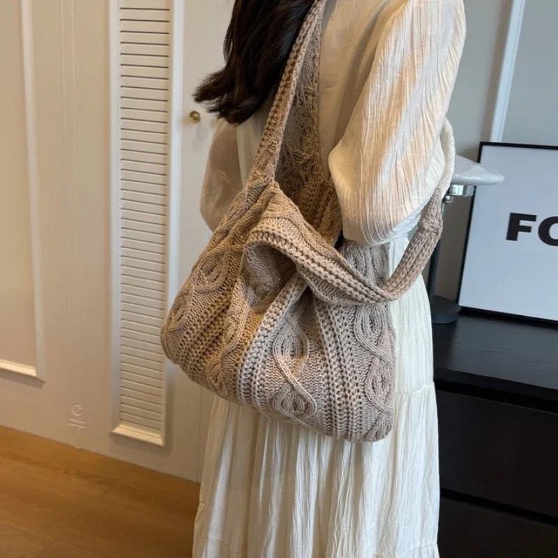 Wool Knitted Shoulder Shopping Bag for Women Vintage Cotton Cloth Girls Tote Shopper Bag Large Female Handbag Crochet Bag