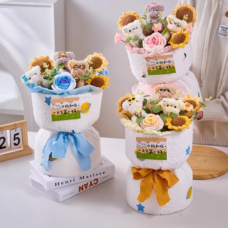 Hand Knitted Puff Flowers Artificial Woven Bouquets Crocheted Roses Sunflowers Valentine's Day Gifts Wedding Favors Home Decor
