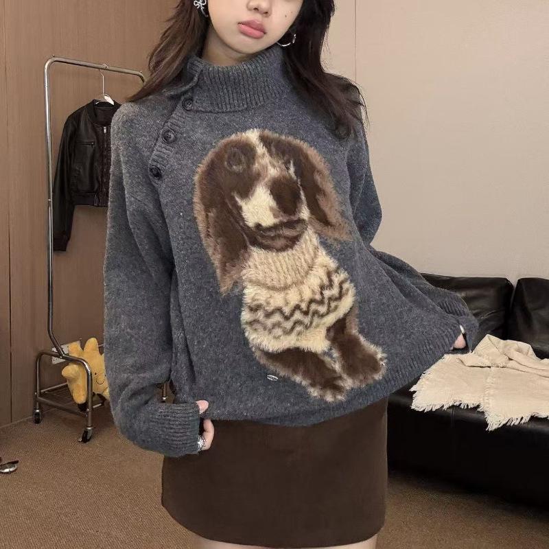 

Женский ретро свитер крупной вязки с жаккардовым узором щенков - с высоким воротом, длинным рукавом, повседневный, милый, свободного кроя для осени/зимы 2025. One Size серый