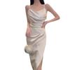 High-end Thin Pleated Acetic Acid Satin Suspender Long Dress Temperament Waist Thin Split Long Dress Dress Summer
