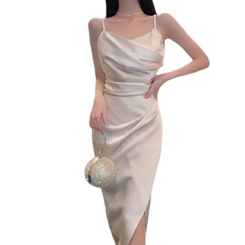 High-end Thin Pleated Acetic Acid Satin Suspender Long Dress Temperament Waist Thin Split Long Dress Dress Summer