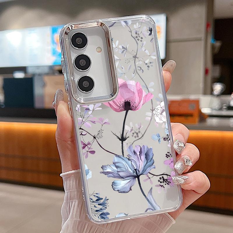 Floral Pattern Case For Samsung S26 S25 Ultra S24 FE S23 Plus S22 S21 A15 A16 A17 A35 A36 A37 A54 A55 A56 A57 5G Plating Lens Soft Cover