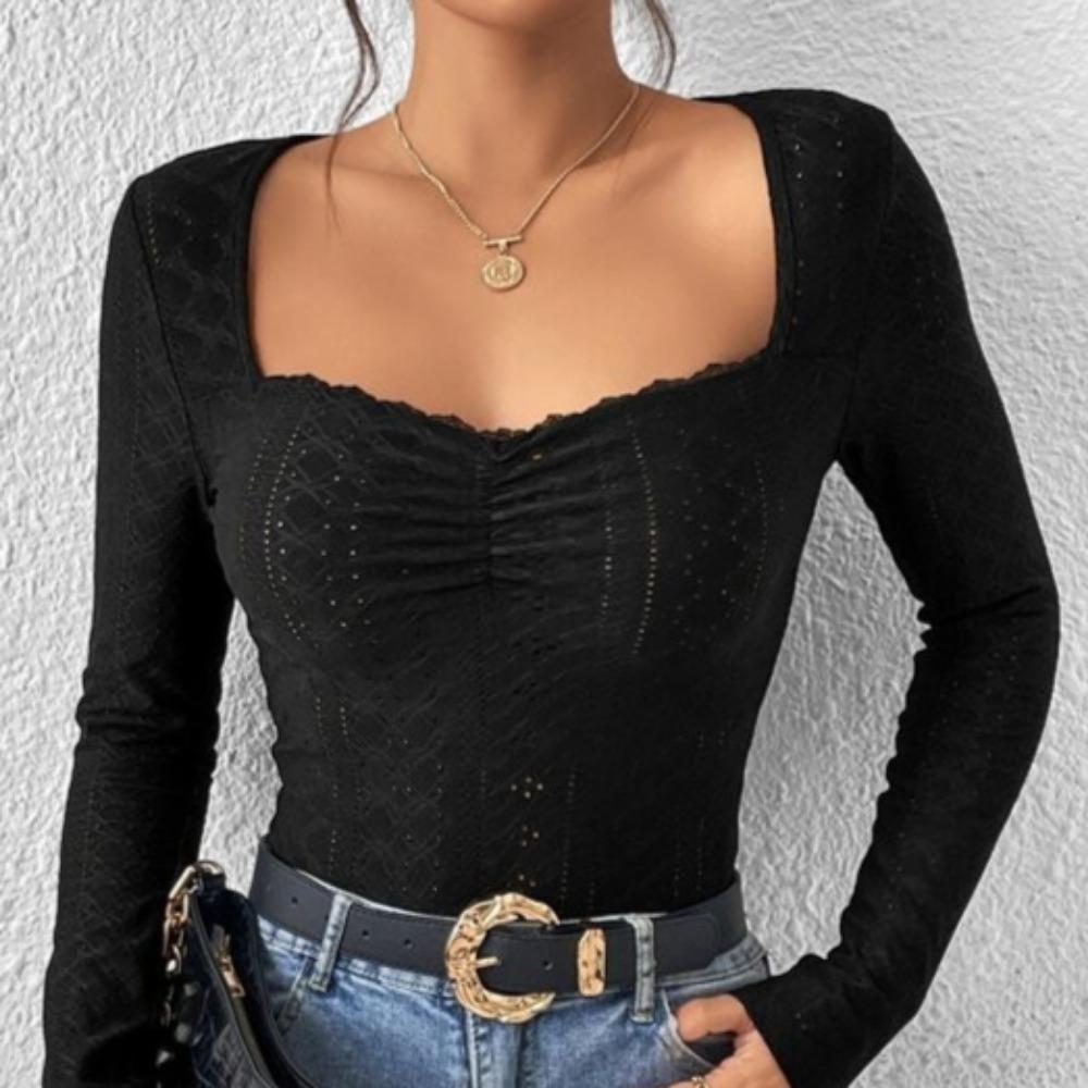 

Футболка женская IHUASU с вышитым воротом в форме сердца, плиссированной юбкой и кружевом XXL чёрный