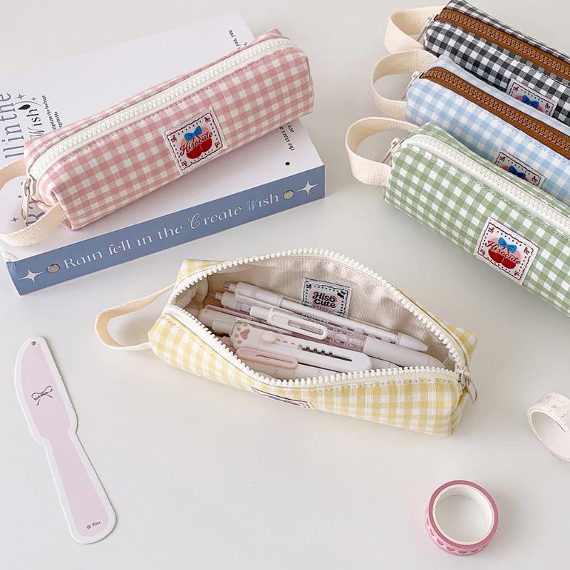 Cute Plaid Large Capacity Pencil Case Pen Bag Kawaii Stationery Storage Bag Suitable For Back-To-School Season Girls