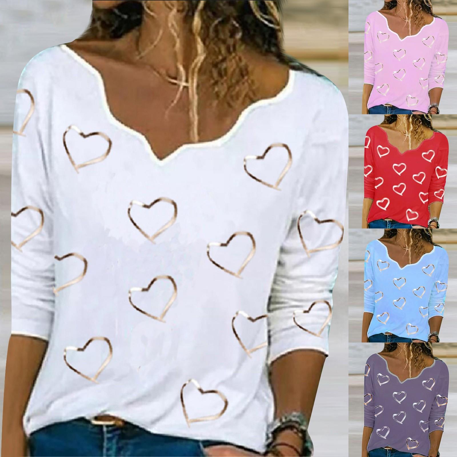 

Women Hearts Print Asymmetrical Neck Pullover Long Sleeve T-shirt Top Blouse