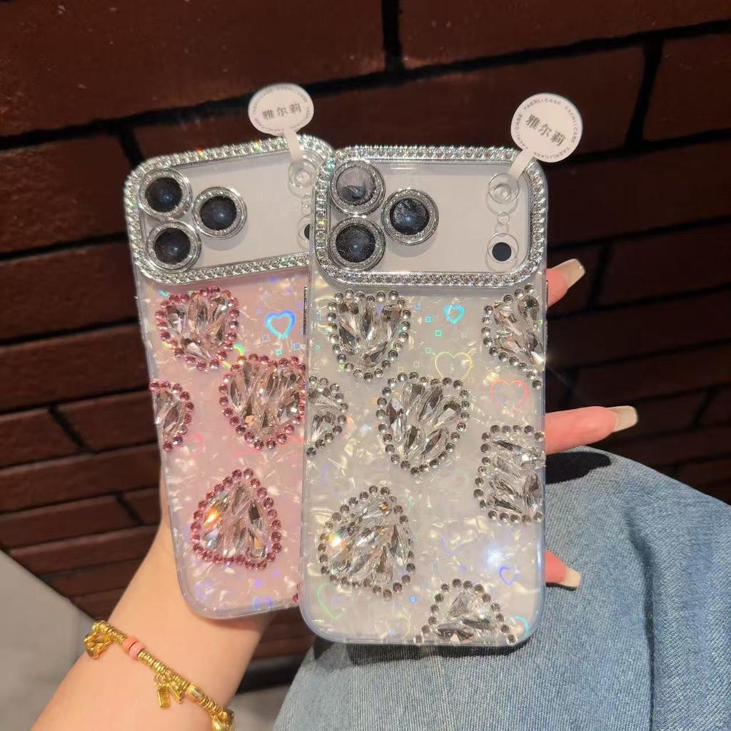 Luxury love shell pattern is suitable for iPhone17promax mobile phone case Apple 16 love rhinestone 12 fine hole women