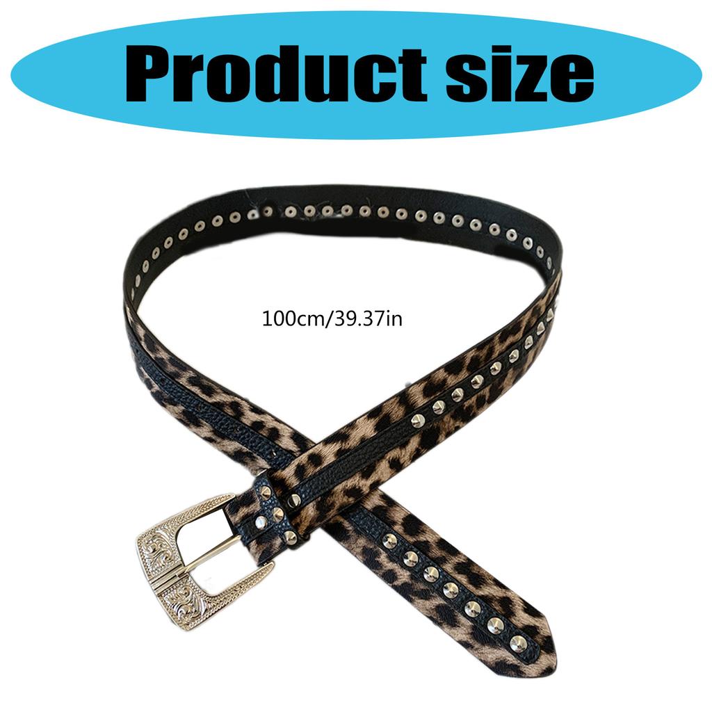 Edgy Rivets Waistband Leopard Pattern PU Belt Retro 2000s Punk Rock Waist Cincher Accessory for Jeans and Dresses