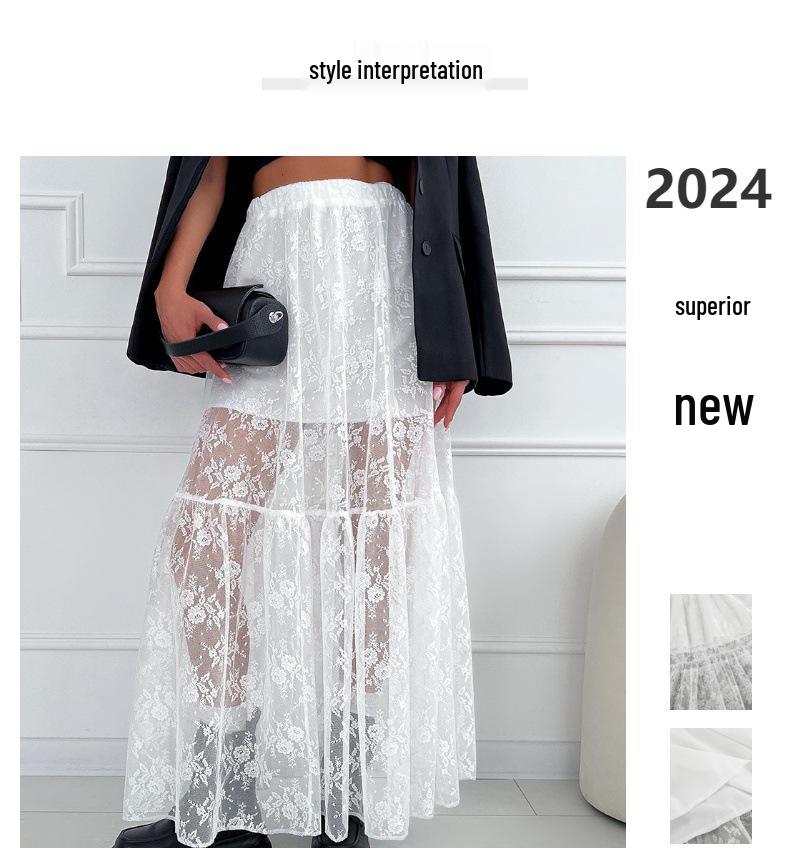 Elegant Sheer Lace A-Line Midi Skirt, Sizes S-5XL, European and American Style Fashion Skirt for Women