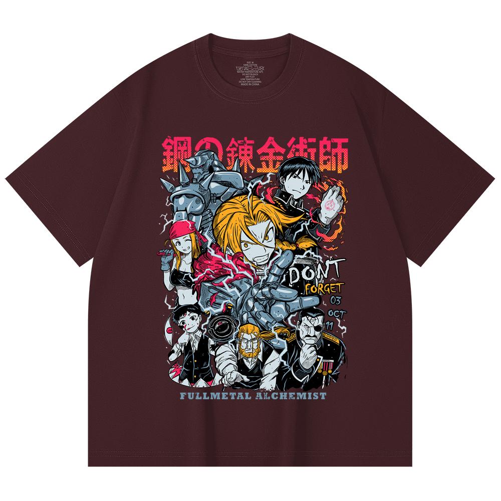 

230 Gsm 100% Cotton Fullmetal Alchemist V1 Print Unisex Heavy Cotton T Shirt 2XL вина червоного кольору