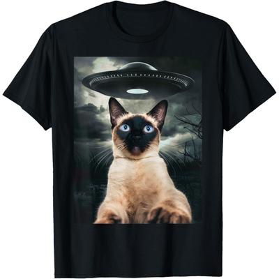 Funny Siamese Cat Selfie with UFO Men Women Girls Kids T-Shirt