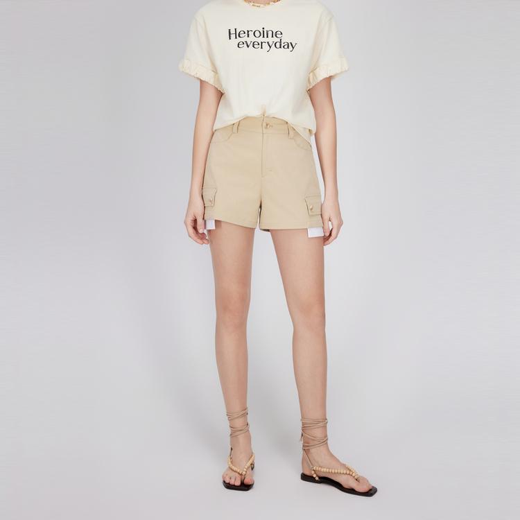 ELLE Solid Color Mid-Rise Zipper Three-Quarter Casual Shorts Women shorts Khaki EK48319