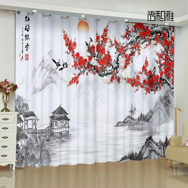 Personalized Chinese Cortinas Drape Fabric Transparent Scenery Flower Bird Plum Blossom Bedchamber Livingroom Space Windowpane Drape 2panels