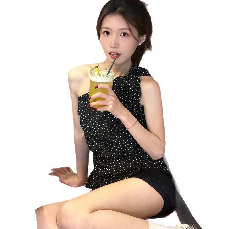 Women's Black Polka Dot Off-Shoulder Sleeveless Top - Chic, Stylish, and Perfect for Summer