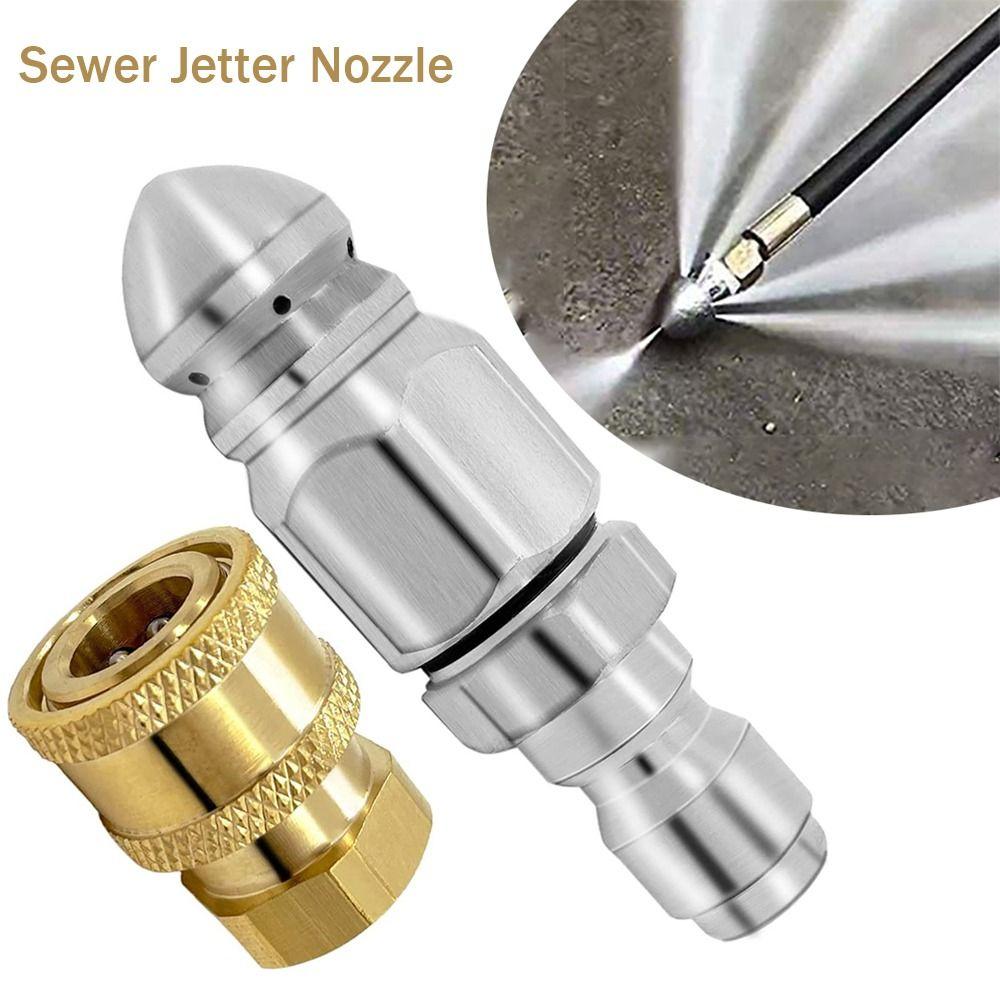 Stainless Steel + Brass Pressure Washer Jetter Nozzle 1/4'' Quick Connect 1 Forward Jet + 6 Rear Jets Sewer Jetter Nozzle