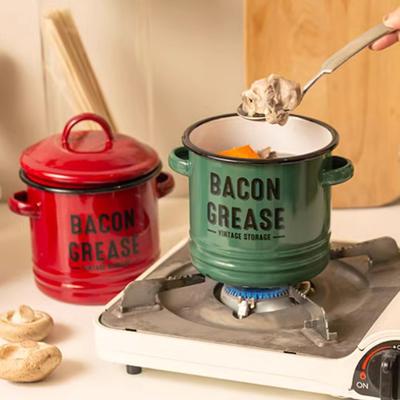 Vintage Enamel Bacon Grease Container with Lid Rustic Farmhouse Grease Container with 2 Handles Kitchen Oil Storage Jar for Storing Lard Spices Soup