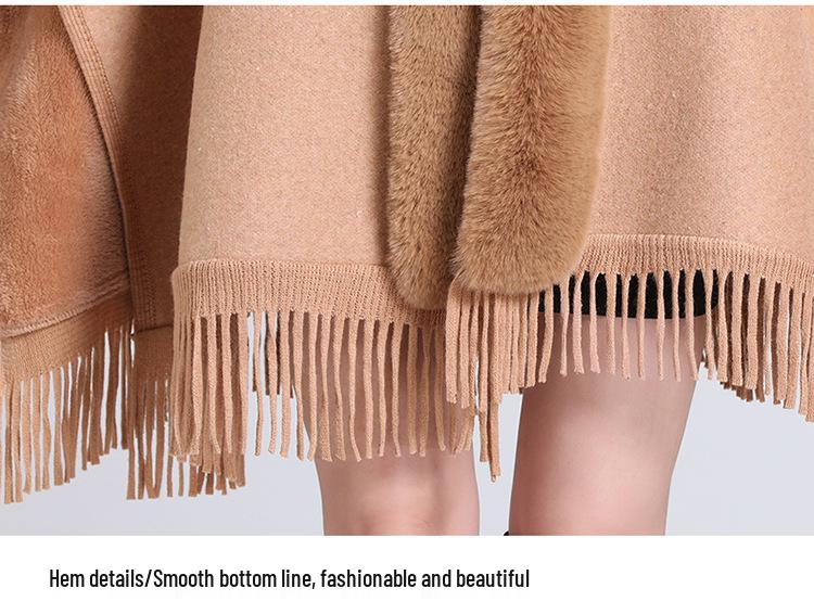869# Women's Plaid Fleece-Lined Knitted Shawl Cape with Thick Fur Collar