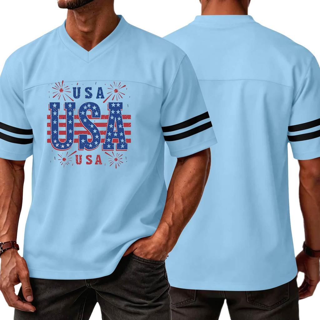 Men V Neck Casual Short Sleeve Sports T Shirt with USA Print Athletic Fit Comfortable Lightweight Top for Daily Wear