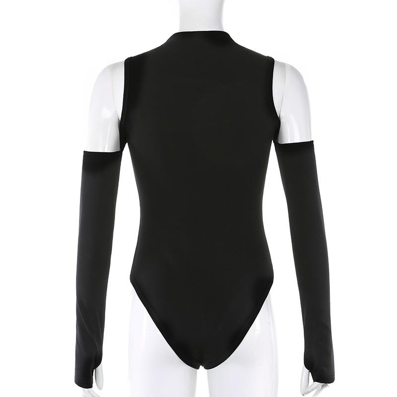 High Fashion Langermet Bodysuit for kvinner Ensfarget Hul Off-Soulder Jumpsuit med halv høy krage