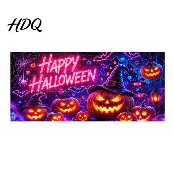 Large Spooky Holiday Banner Halloween Garage Door Banner Pumpkin Ghost Spider Web Patterns Yard Flag Polyester Festive Wall Sign for Party