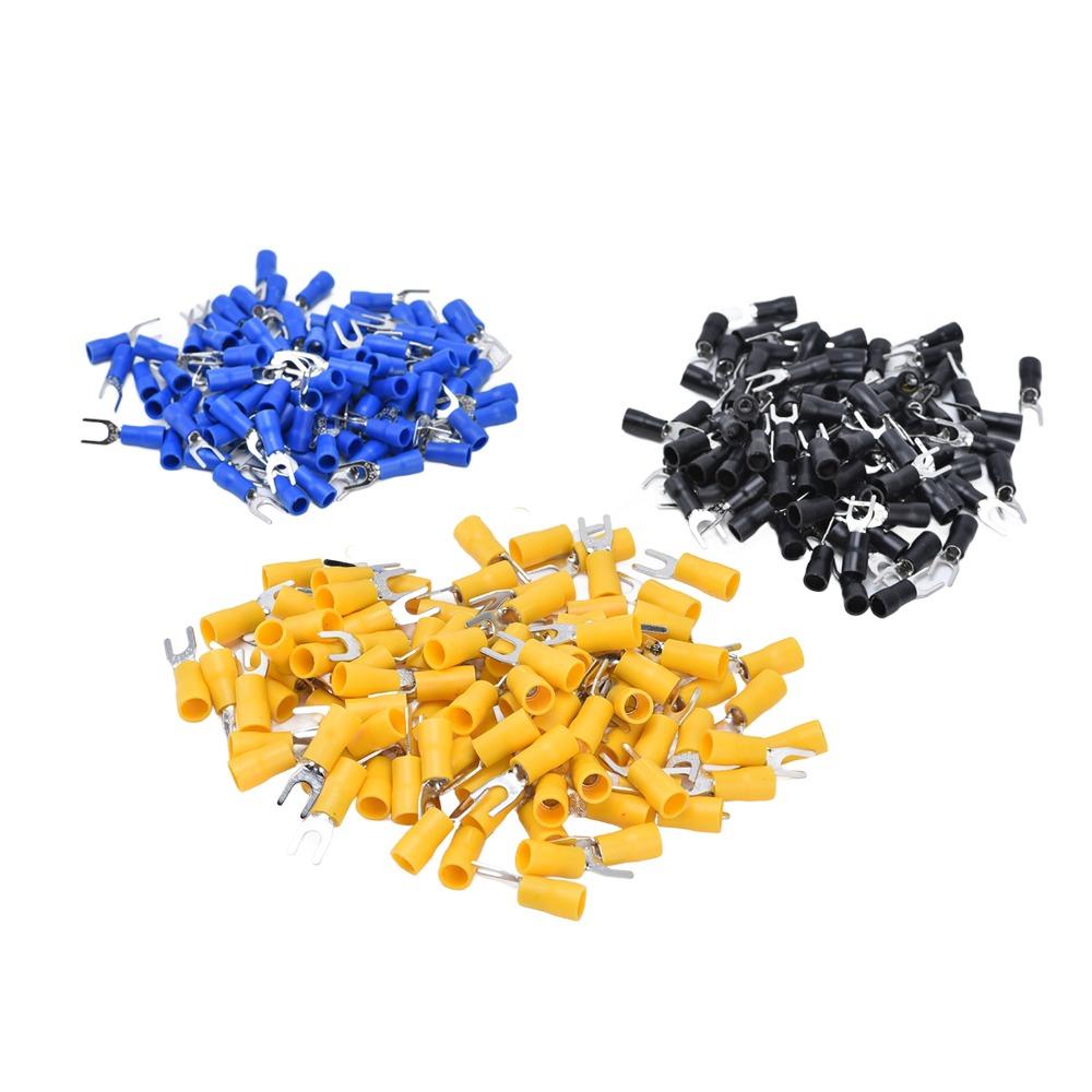 300PCS SV1.25-4+SV2-4+SV5.5-4 Insulated Fork Spade Terminals Black Blue Yellow Practical U Type Wire Connector