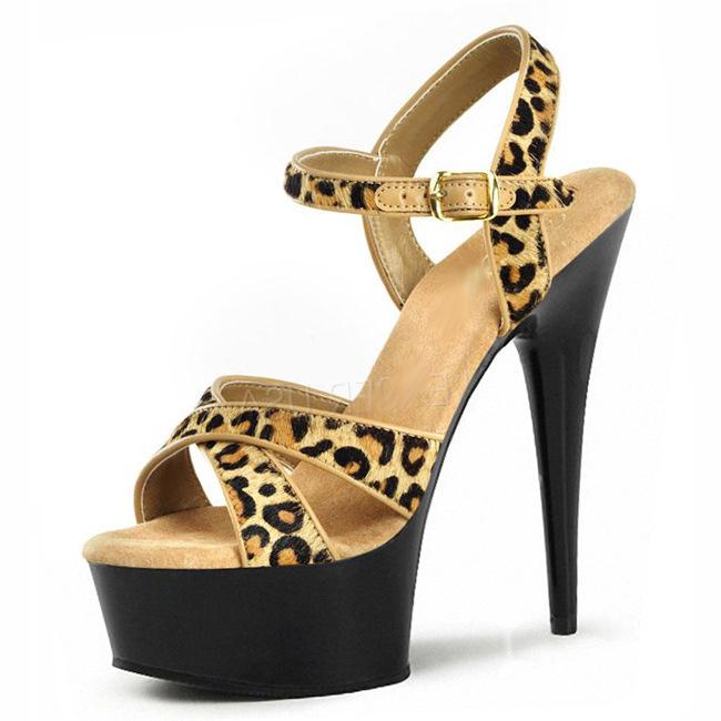 Wild leopard print crystal heel 15cm high heels hate sky high stiletto waterproof table hollow cross with sandals
