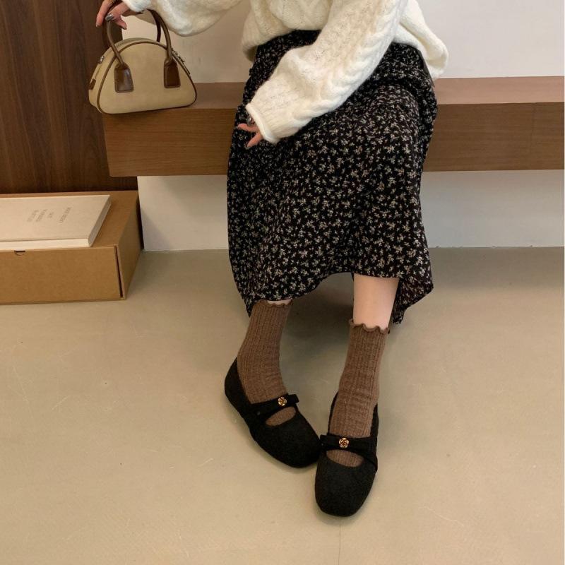 2025 Autumn and Winter New Round Head Bow Inner Slope Heel Velvet Warm Mary Jane Women's Shoes