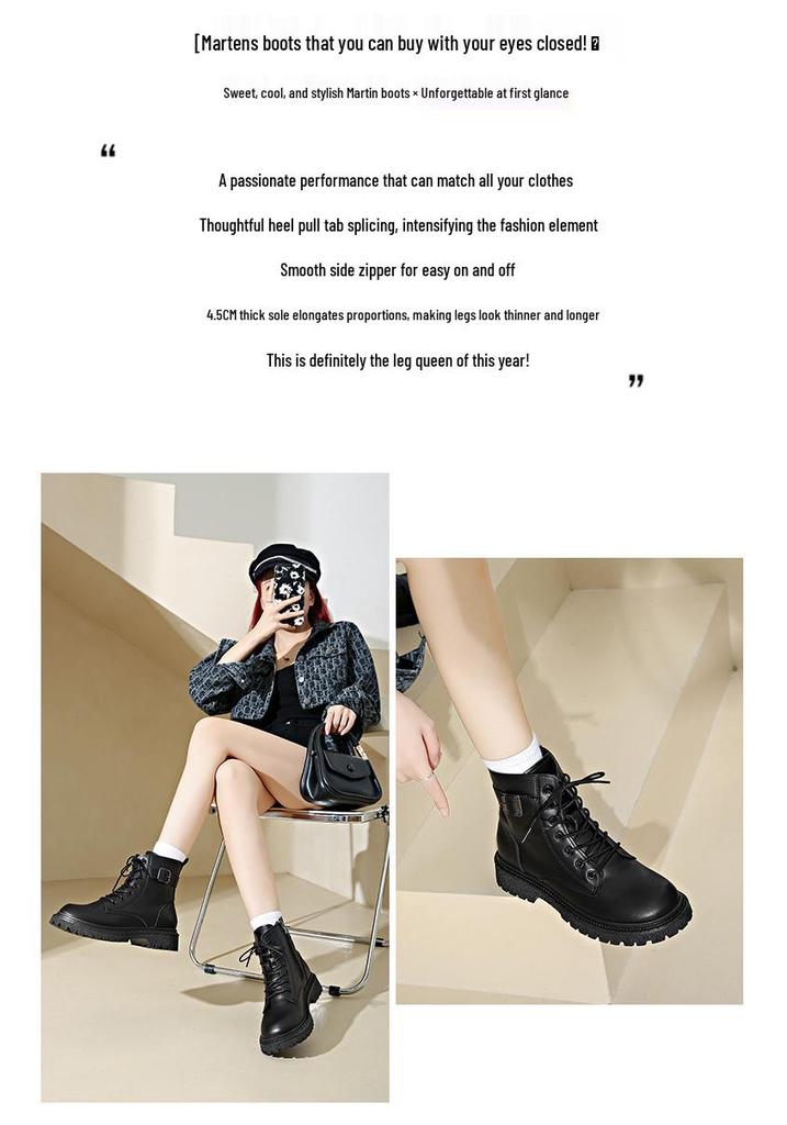 Women's 2025 Round Toe Lace-up Martin Boots with Side Zipper and Thick Sole - British Style Fashionable Short Boots