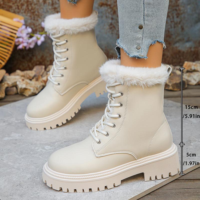 Bottines à lacets courtes en peluche pour femmes grande taille 42 bottes d'hiver à plateforme en fourrure femme semelle épaisse cuir PU combat Botas Mujer