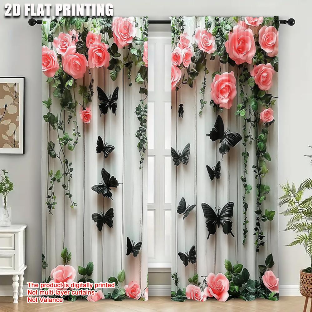 2pcs   Curtain Fabric 2D print Butterflies and pink roses Versatile Durable Polyester (without rod) Decorations For Home Use for