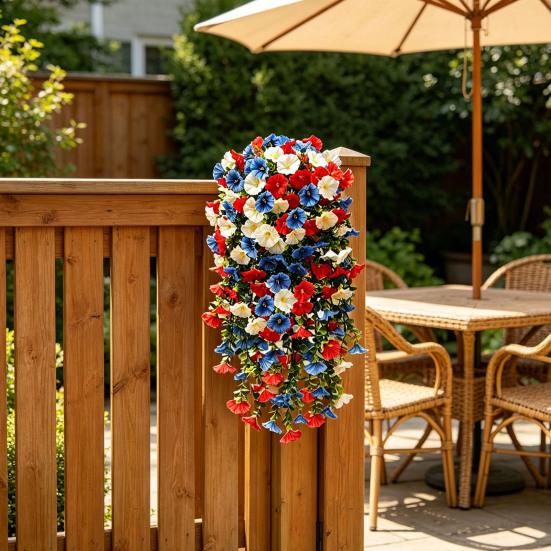 Patriotic Red White Blue Hanging Flowers Artificial Morning Glory Flower Vine UV Resistant Fake Plants for 4th of July Memorial Day Independence Day