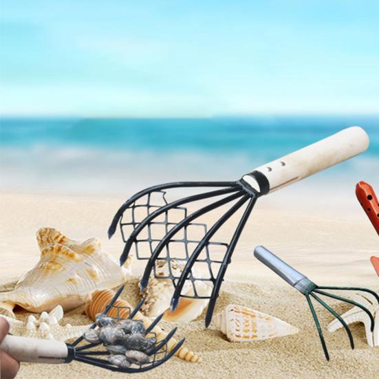 2Pcs/Set Steel Clam Rakes with Wooden Handle Mesh Pocket Seafood Shell Digger Tool Clam Rakes Beach Clamming Accessories