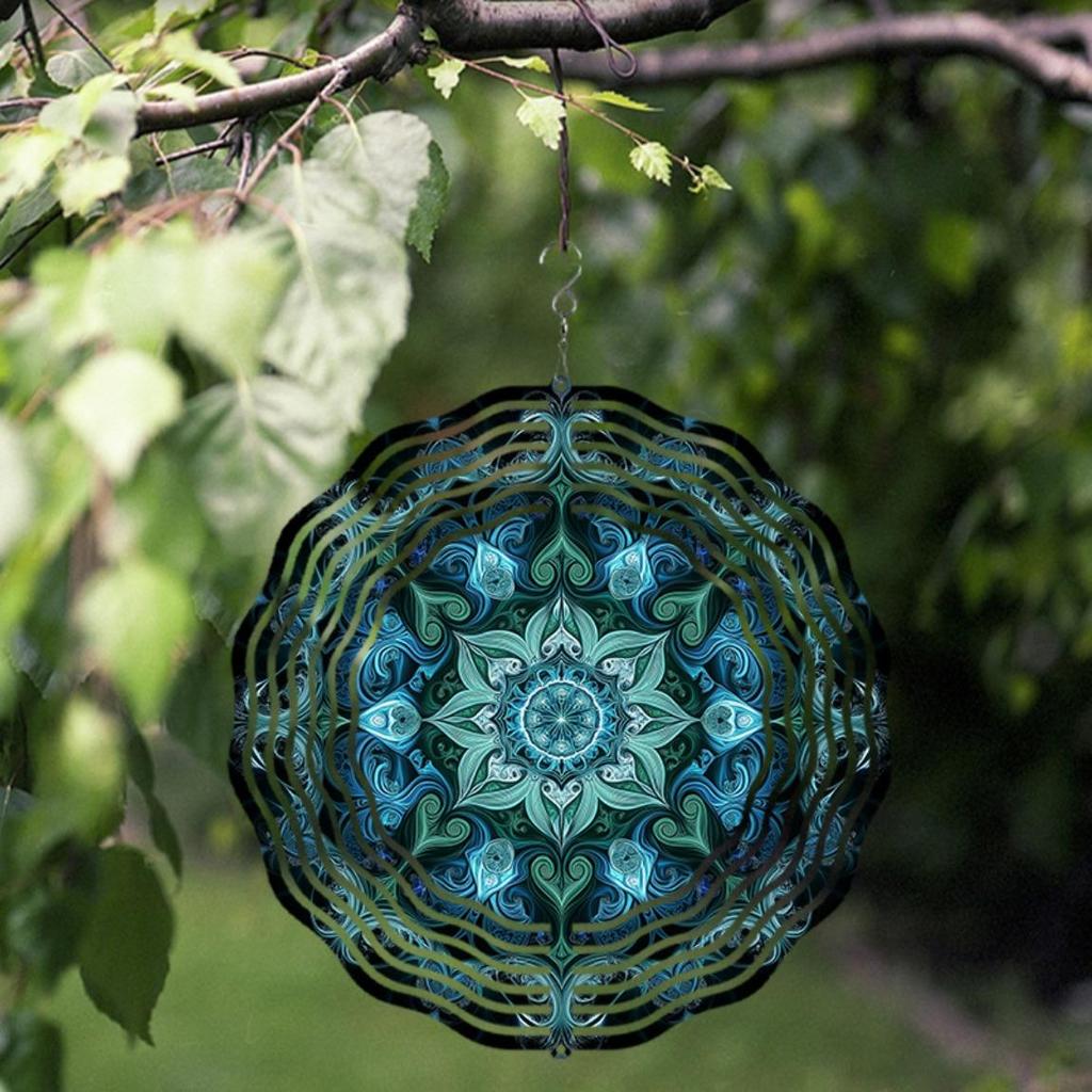 Vibrant Blue Green Geometric Wind Chime 10 Inch Outdoor Metal Garden Sculpture with Intricate Patterns Ideal for Spring Summer Fall Winter Decor