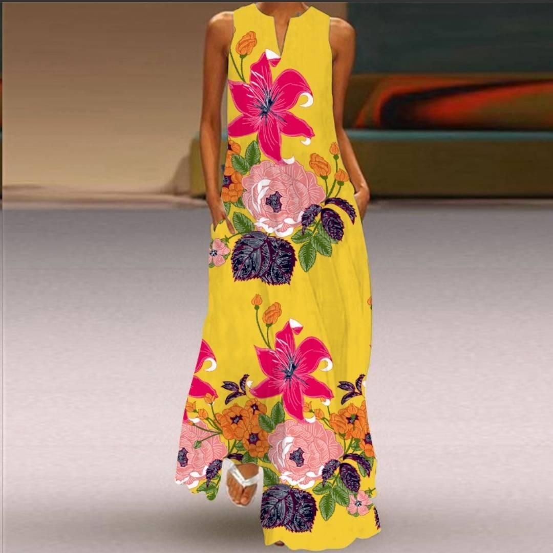 

Женские винтажные платья с принтом, летнее длинное платье без рукавов с v-образным вырезом в стиле бохо, женские повседневные элегантные платья макси для пляжной вечеринки, Vestidos XXL