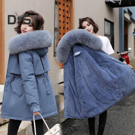 Winter-Daunenmantel, dick gepolstert, Plüschkapuze, mittellang, winddicht, Taschen, lange Ärmel, verstellbarer Kordelzug, Baumwolljacke für den Alltag