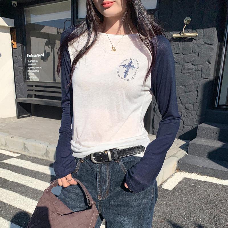 In Stock: Women s Spring 2026 Lyocell Tencel Raglan Sleeve Color Block T-Shirt Large тёмно-синий/белый
