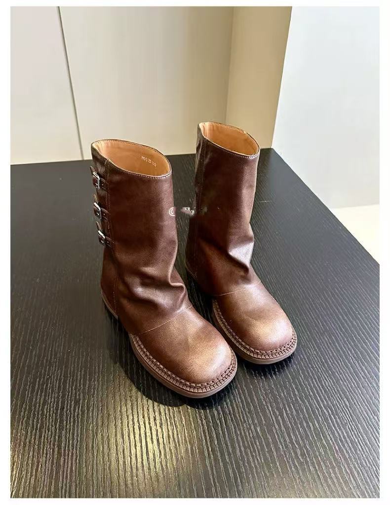 

Ботинки Мартин из коровьей кожи на толстой подошве, ретро ковбойские ботинки в западном стиле, металлическая пряжка, толстый каблук, сапоги-трубы, квадратный носок, короткие ботинки, детские 40