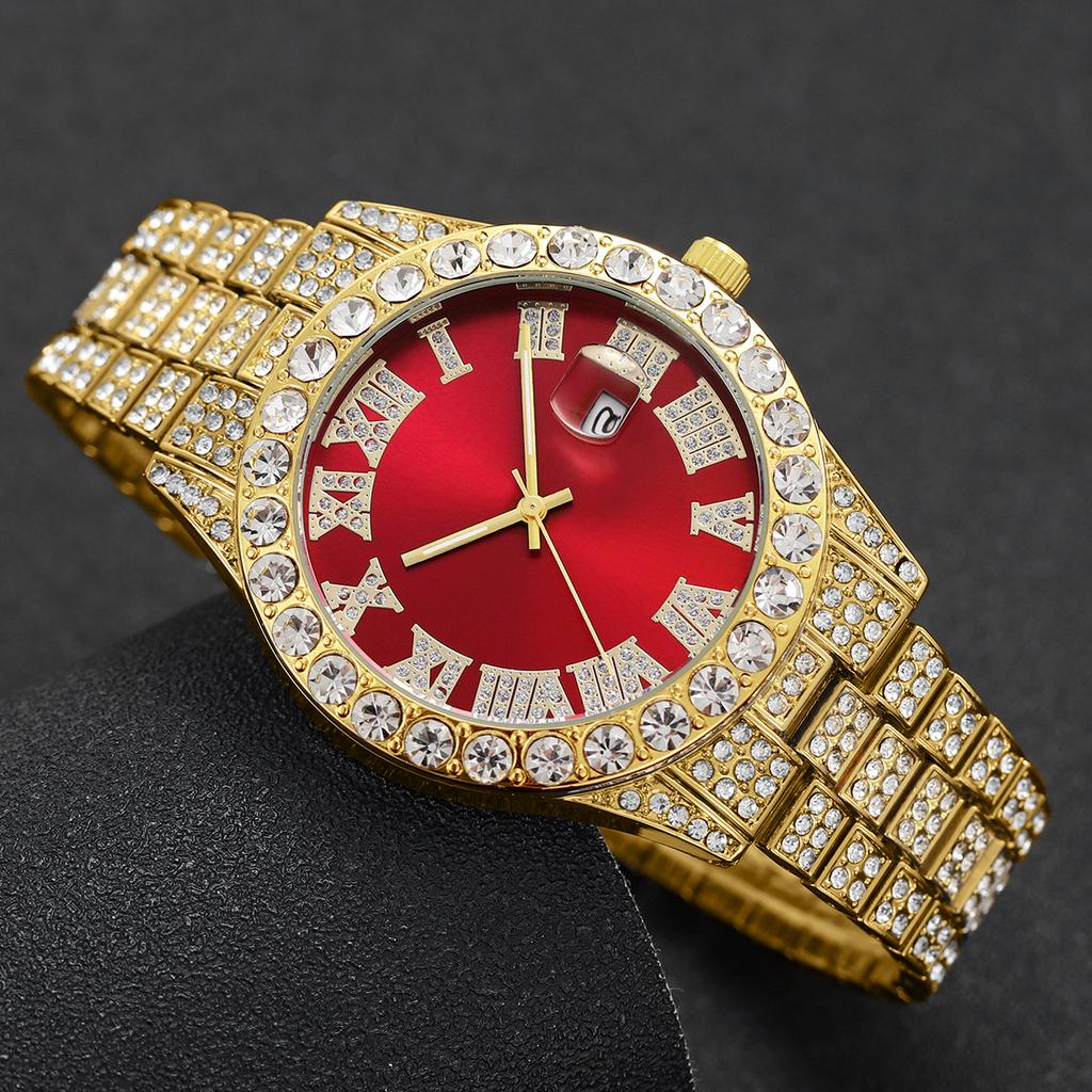 2PCs/Set Fashion Men's Watch Hip Hop Diamond Set Steel Strip Quartz Watch with Luxury Bracelet Set