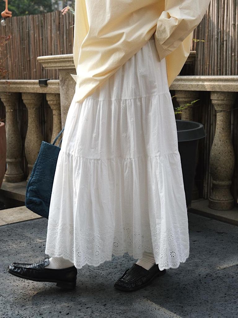 Louvre Bohemian Floral Hollow-Out Midi Skirt: Romantic, Elastic Waist, Loose Fit for Women