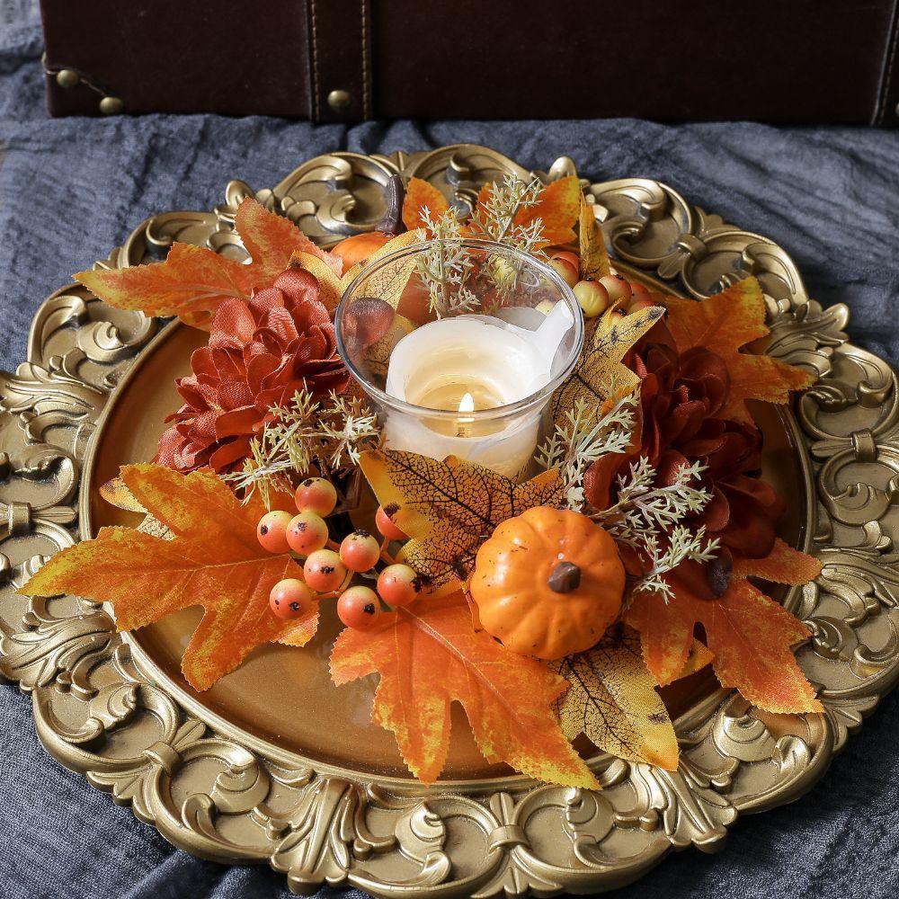 2-Piece Thanksgiving Candle Holder Wreath with Pumpkin Maple Leaves and for Fall Home Decor