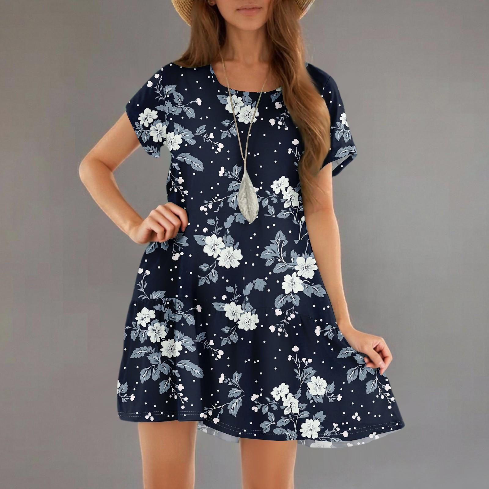 

Women s Fashion Casual Round Neck Short Sleeve Ruffle Gradient Printed Dresses L чорний