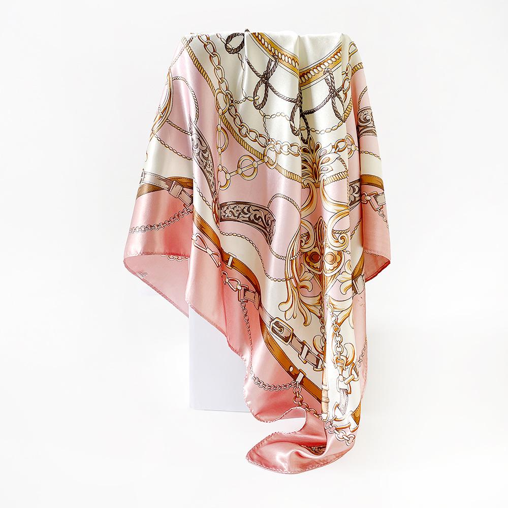 90cm Silk Scarf with Classic Chain Print - European & American Style Cross-border Satin Shawl for Women